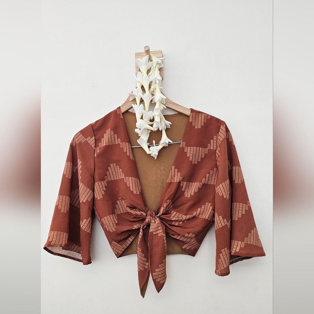 Rust Patterned Tie-Front Blouse